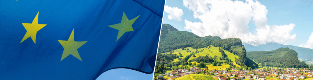 Combination of pictures: a European Union flag and a sunny mountain landscape with houses.