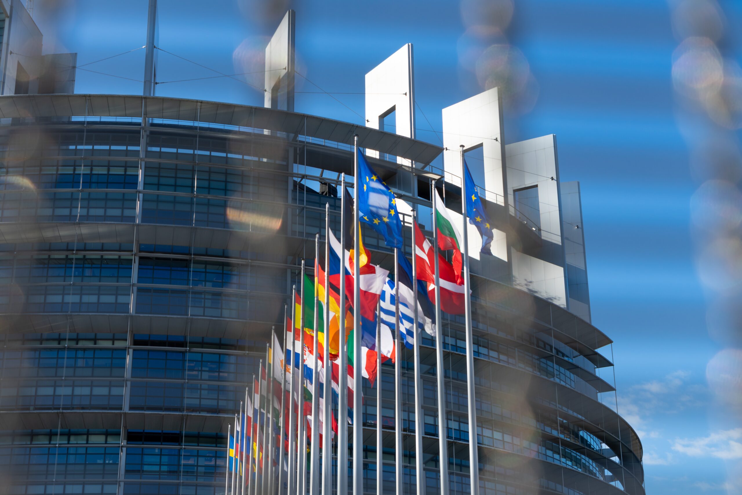 European Parliament building with member country flags.