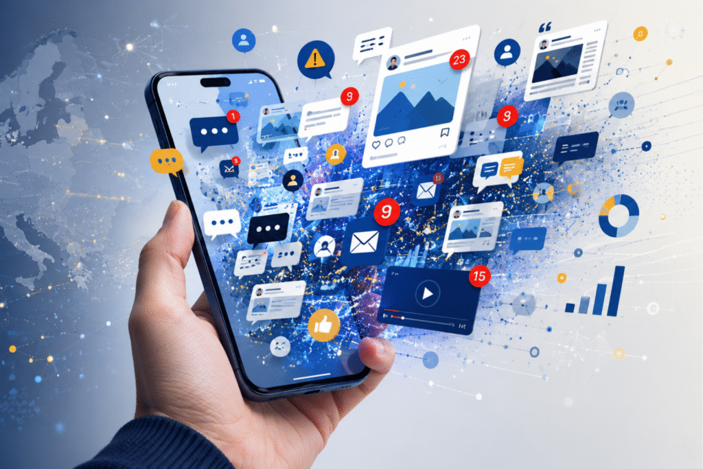 An AI-generated abstract image with a hand holding a phone that has a lot of messages, notifications, and content coming out.